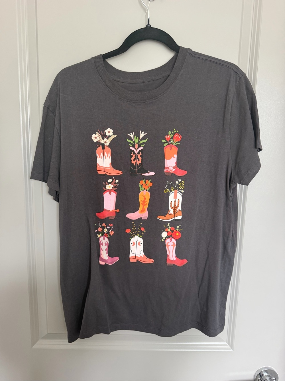 Charcoal Graphic Tee with Pink & Orange Boot Motif
